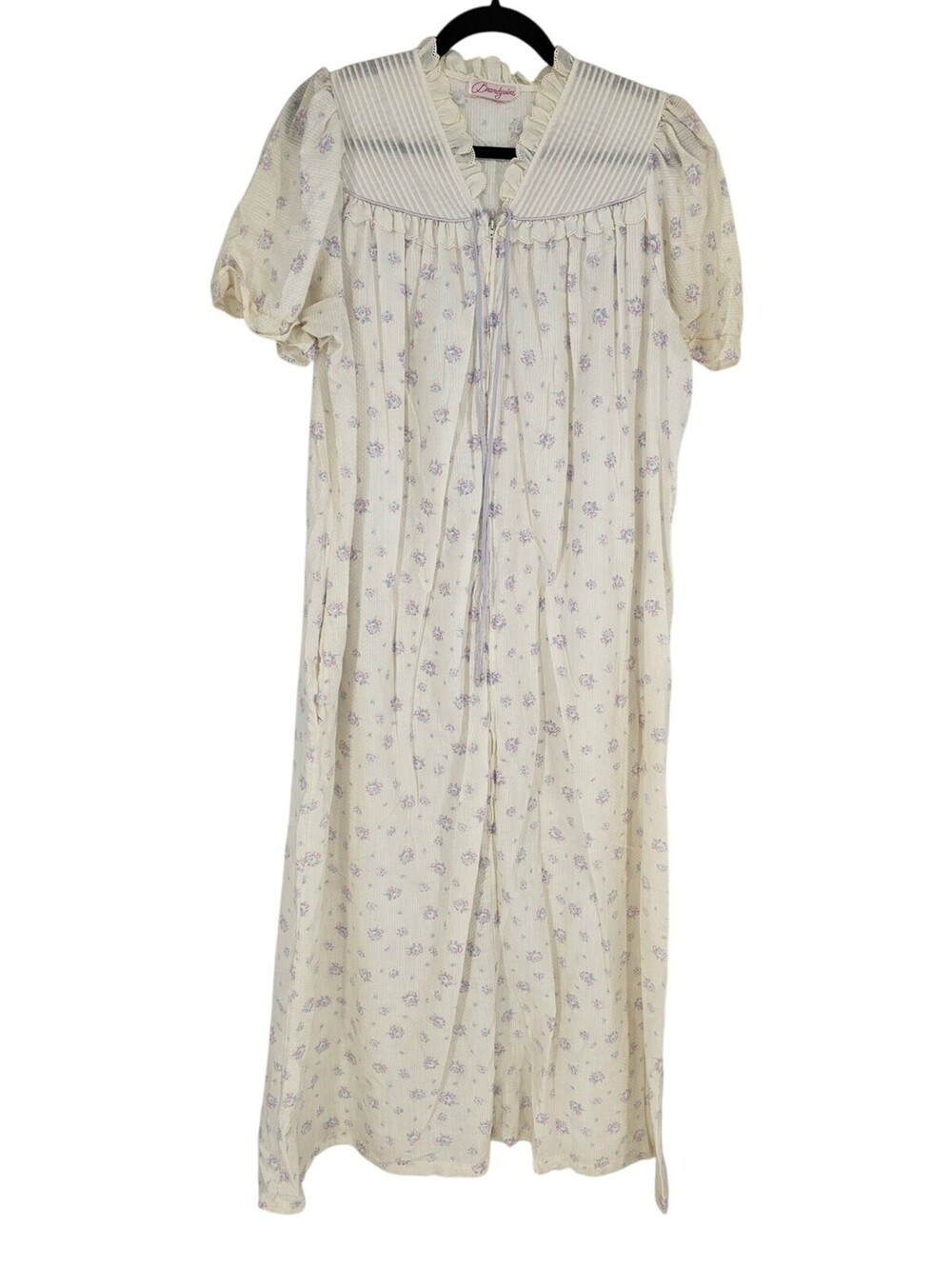 Brandywine Cream Floral Ruffle V-Neck Short Sleeve Full-Zip Nightgown Size XL